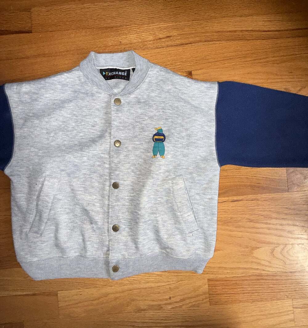 Exchange Unlimited VTG Snap Button Varsity Jacket Playful Embroidered Figure